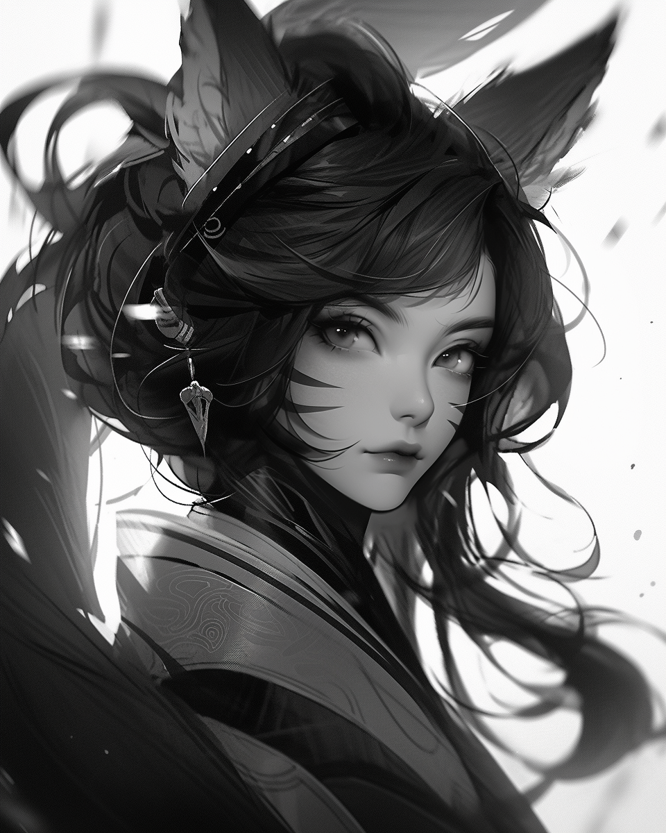 Black and White Sketch Concept Art of Female Ahri