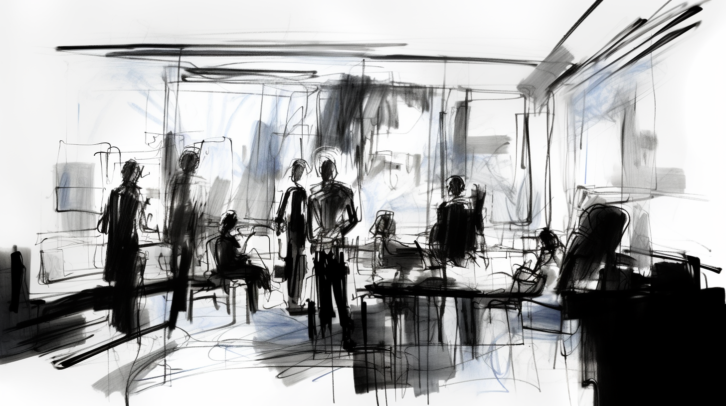 Black and white storyboard sketch with gestural lines and snacks in meeting room.