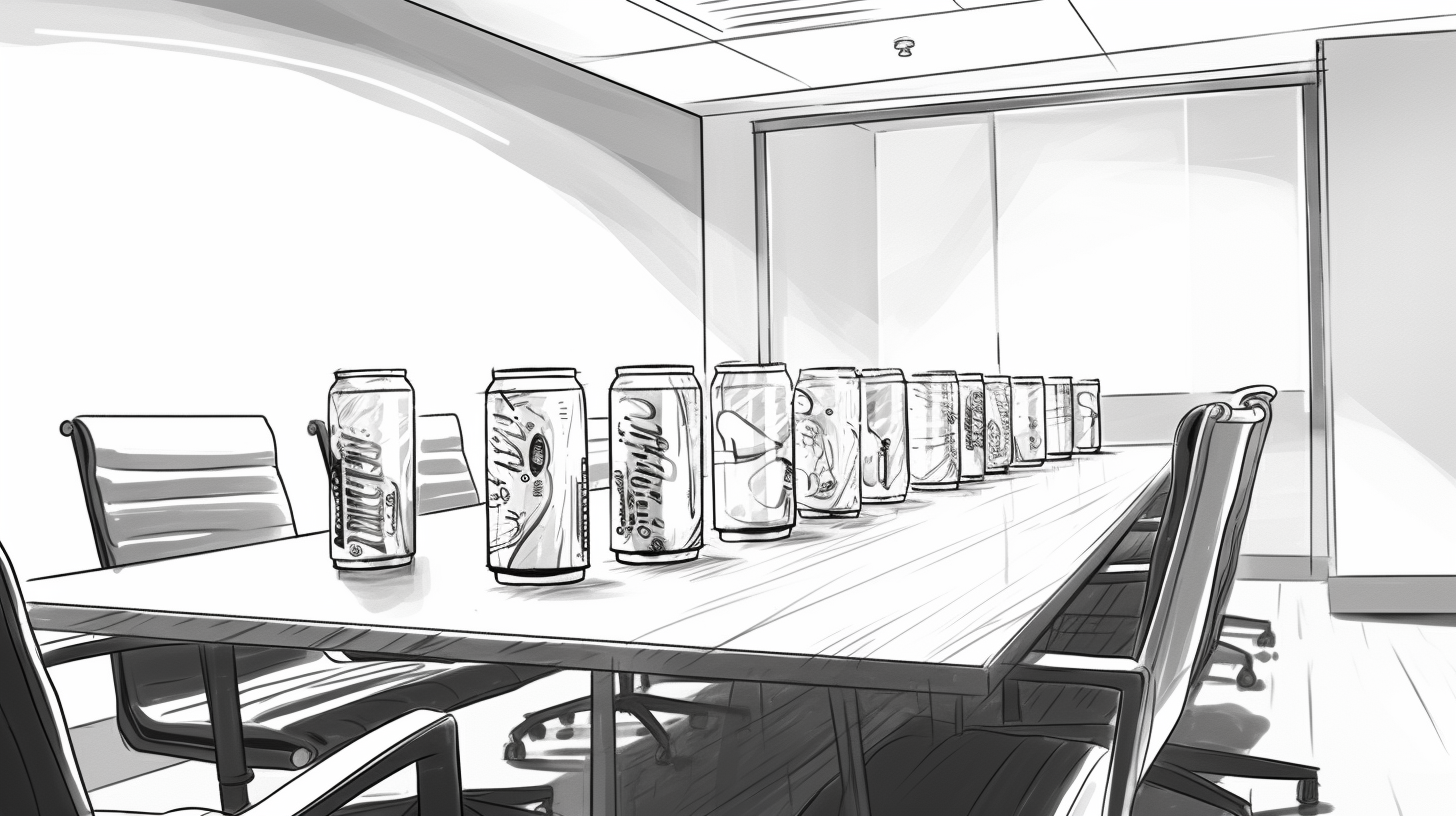 Black and white storyboard sketch with soda cans