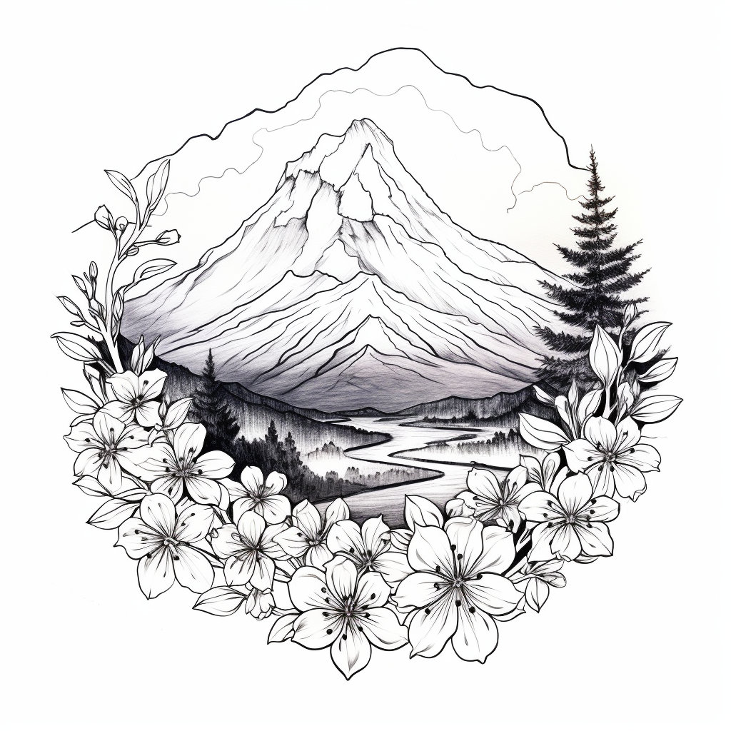 Black and white tattoo sketch of bouquet on Mount Taranaki