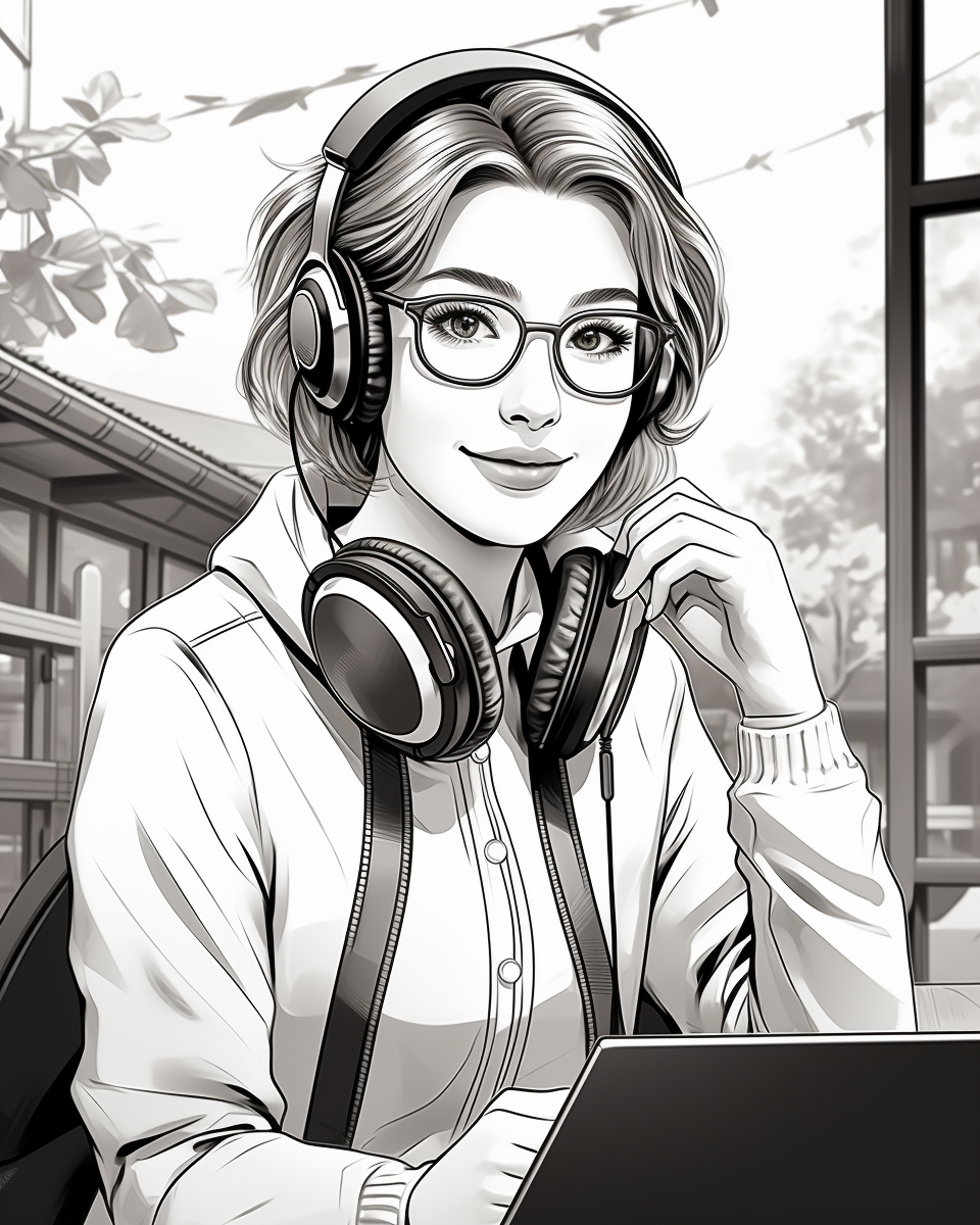 Cartoon-style woman on Zoom with laptop