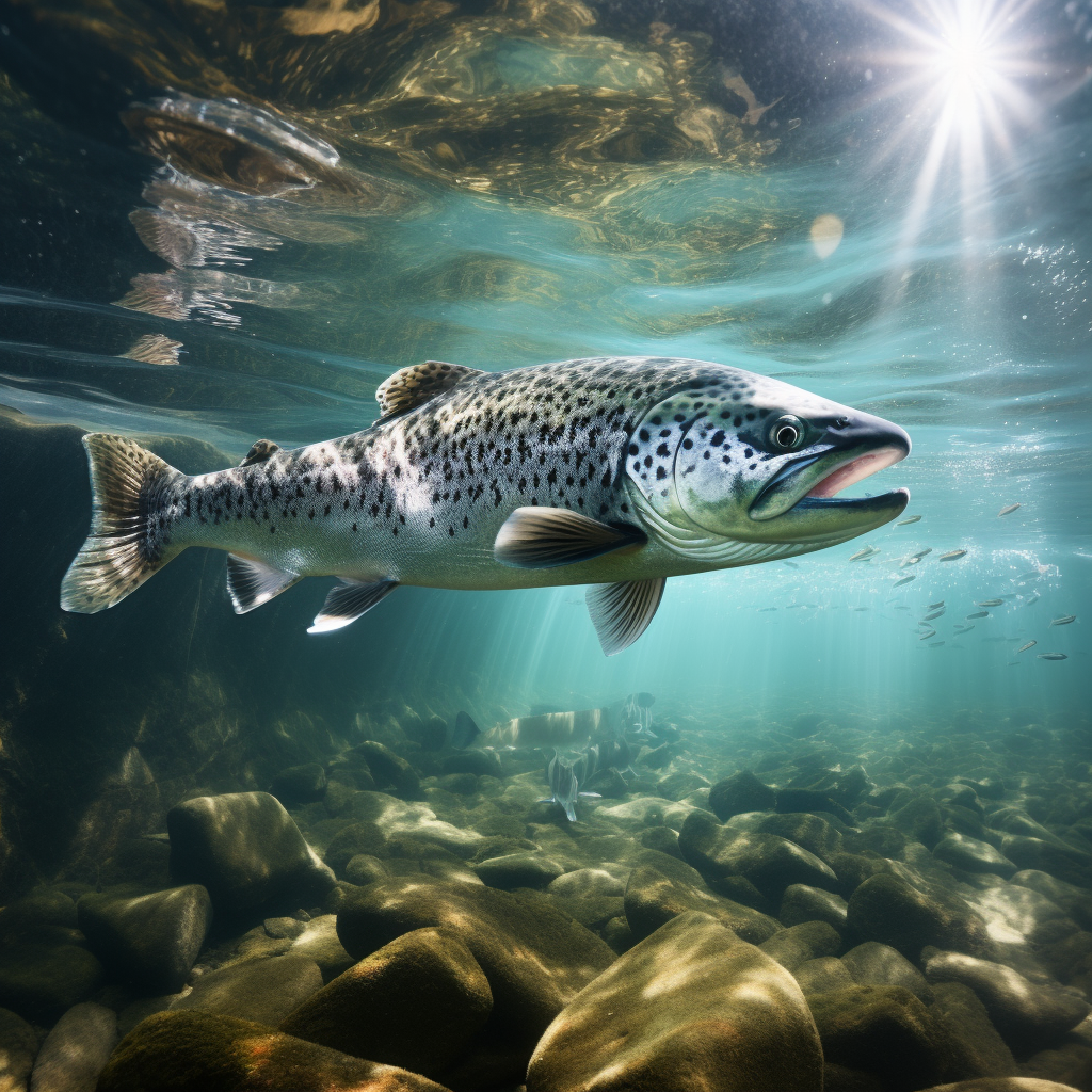 Realistic black and white trout swimming underwater