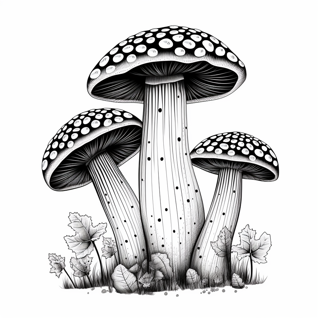 Black and white vector image of three amanitaa muscaria mushrooms