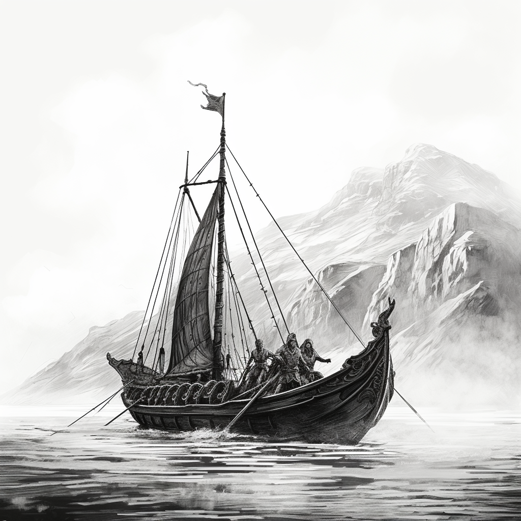 Black and white illustration of a viking ship