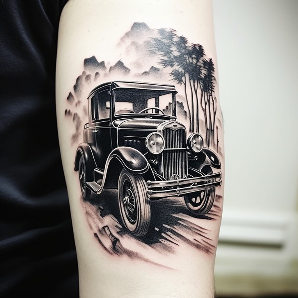 black and white vintage car tattoo design