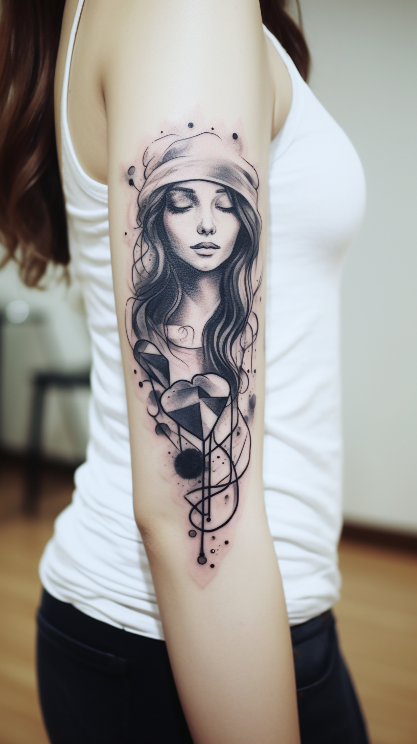 Black and white watercolor forearm tattoo balancing heart and brain