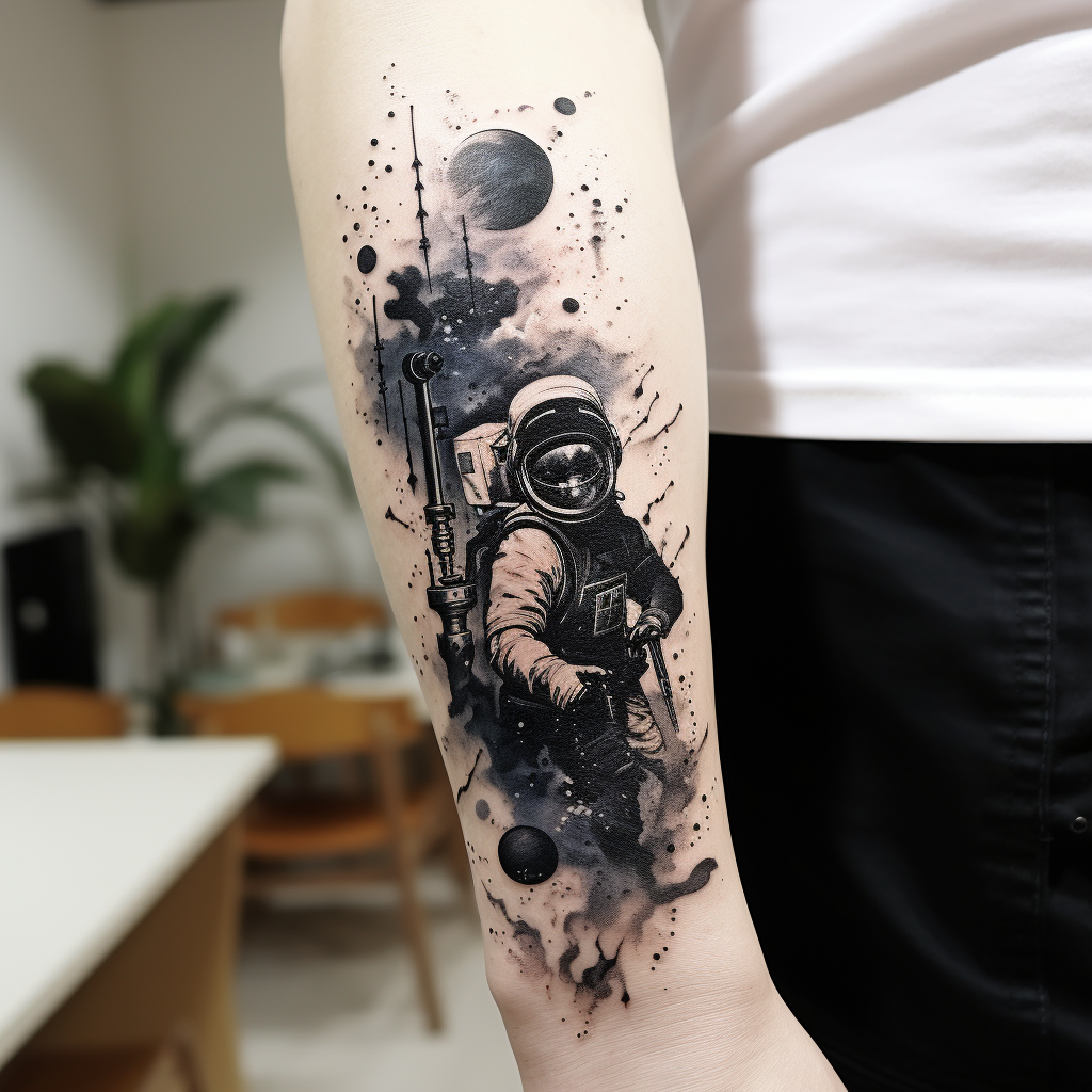 Black and white watercolor forearm tattoo with astronaut floating in space