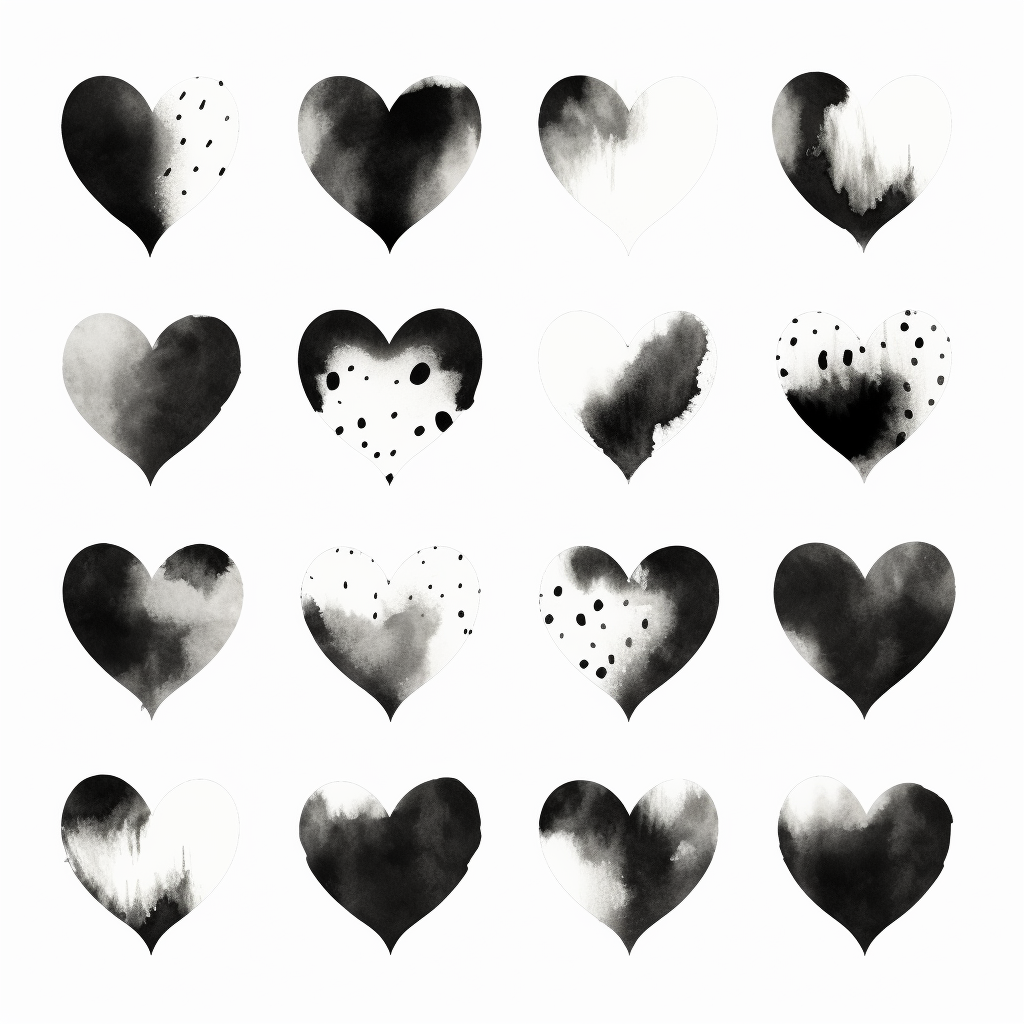 Black White Watercolor Valentine's Day Hearts