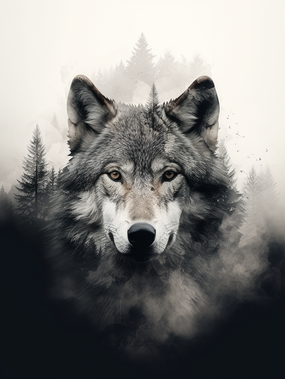 Artistic black and white wolf in forest