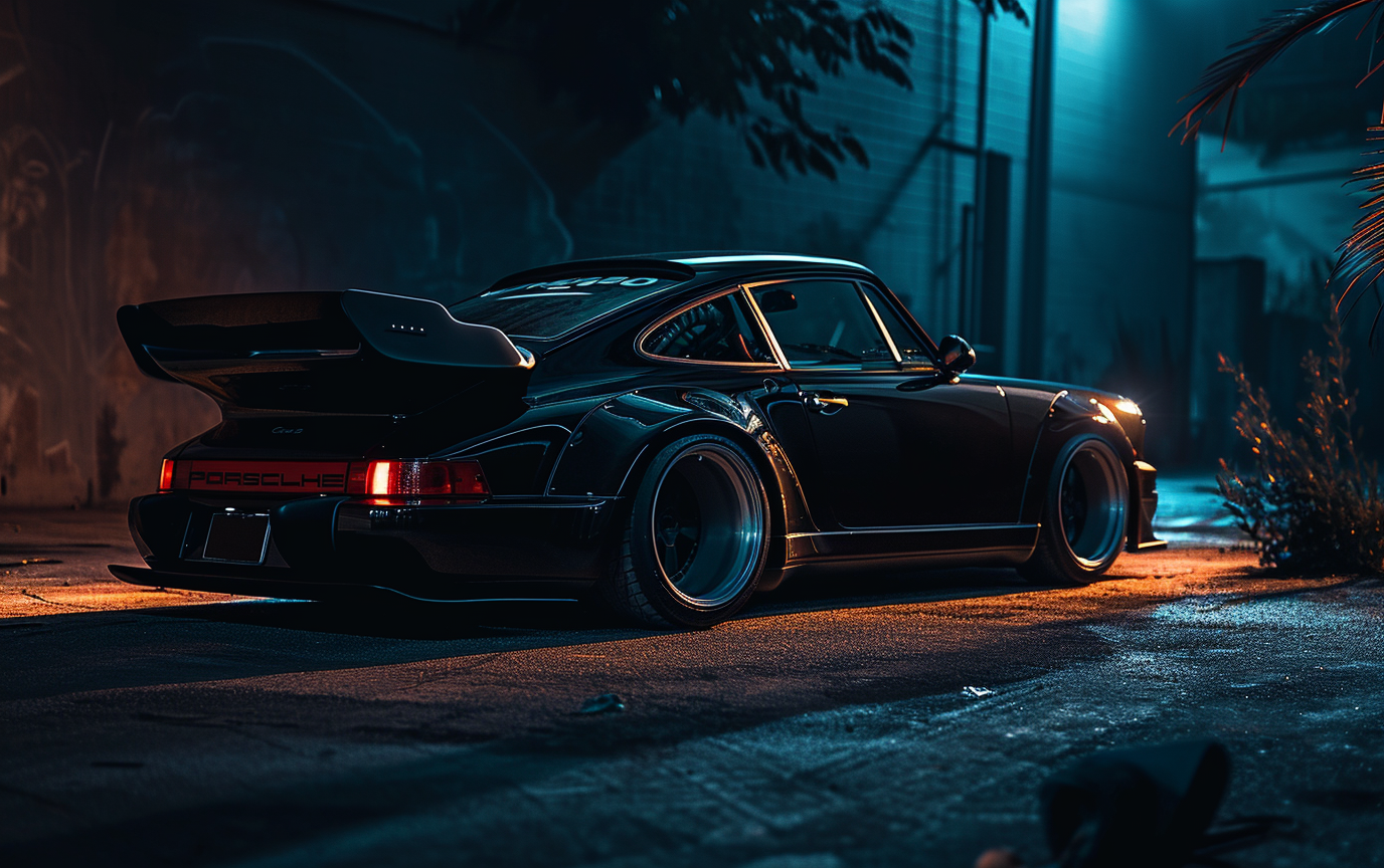 Black widebody Porsche RWB 964 with subtle lighting and shadows