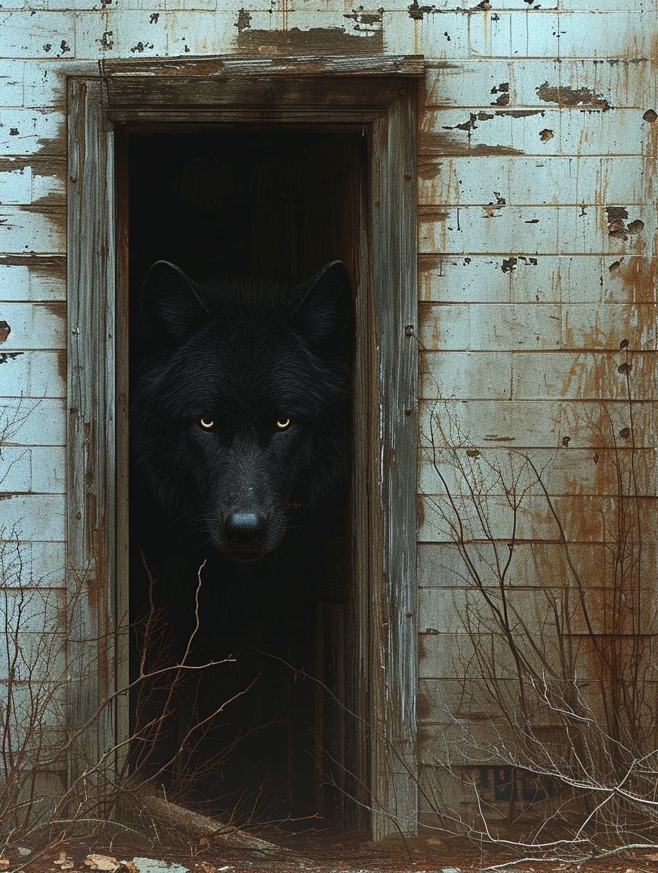 black wolf doorway surrealistic installations