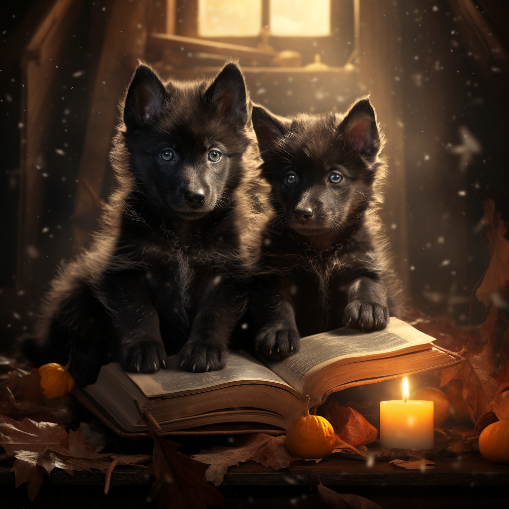 Adorable black wolf pup on torn spell book