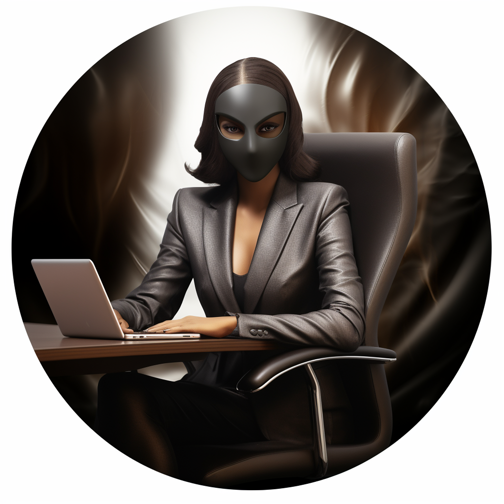 Masked black woman in suit, sitting at PC