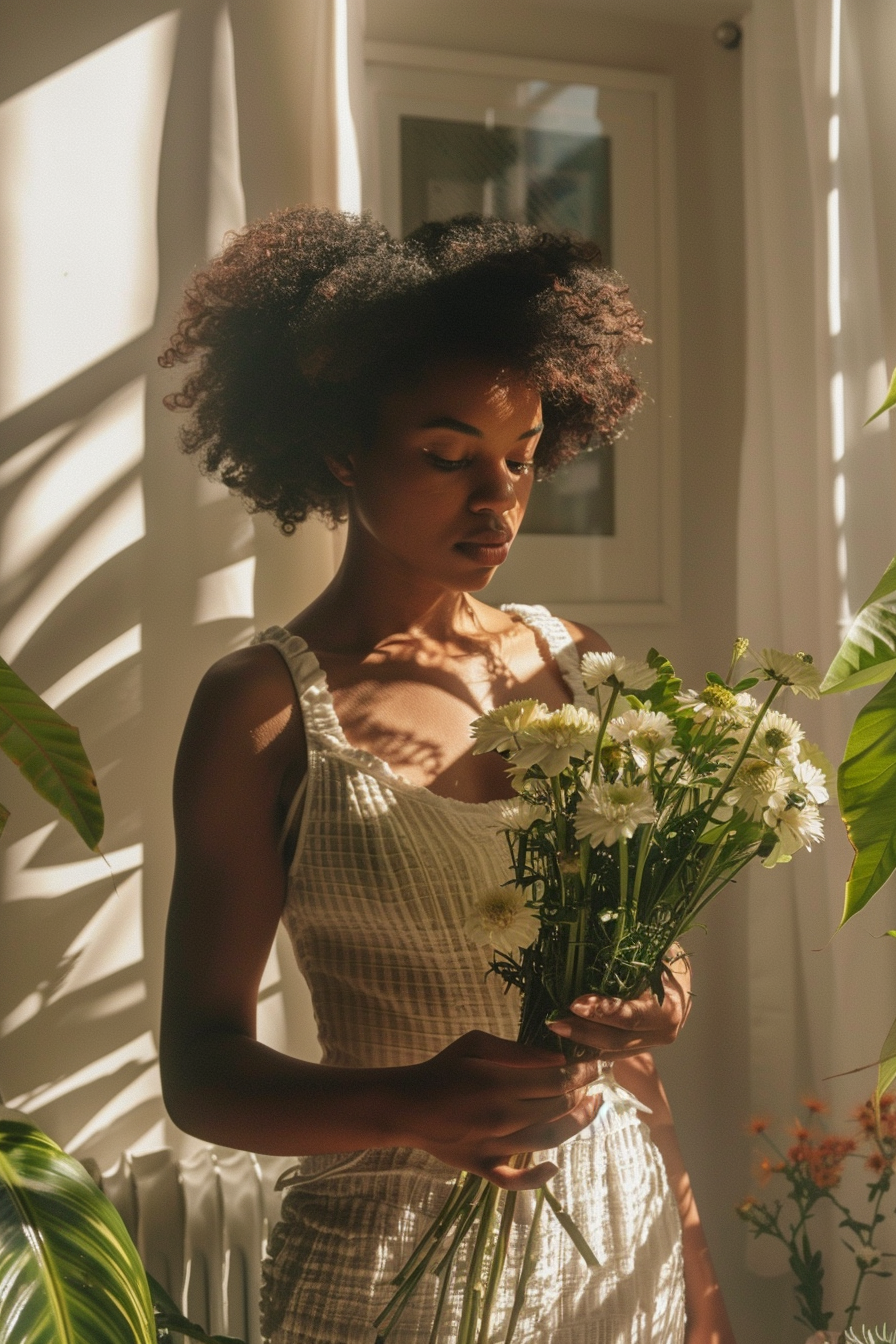 Black woman arranging flowers