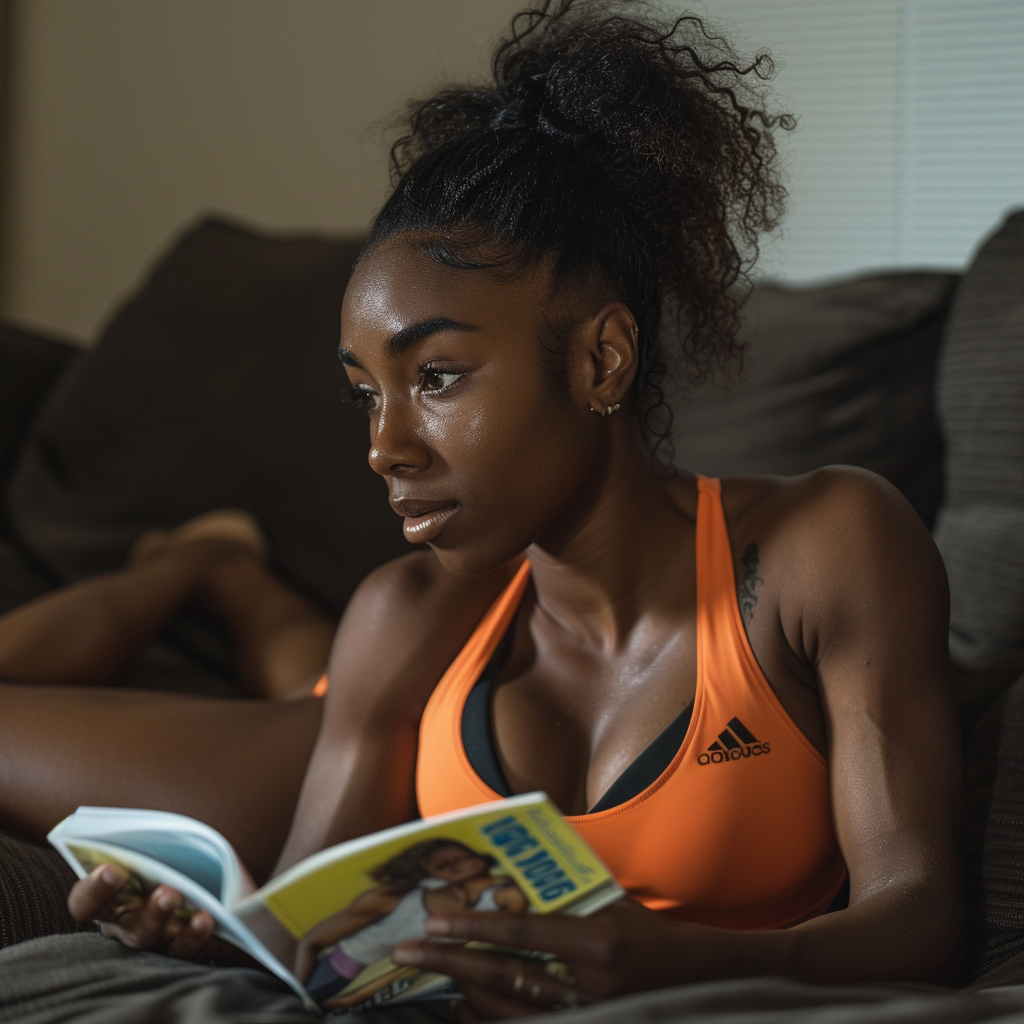 Black woman athlete reading magazine on sofa