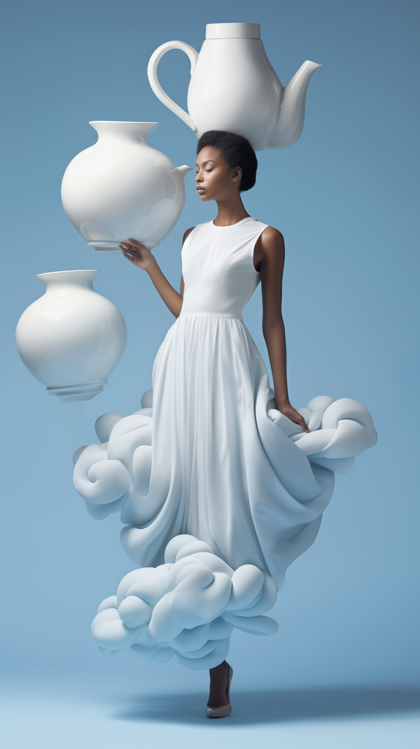 Black woman floating in sky with big dress