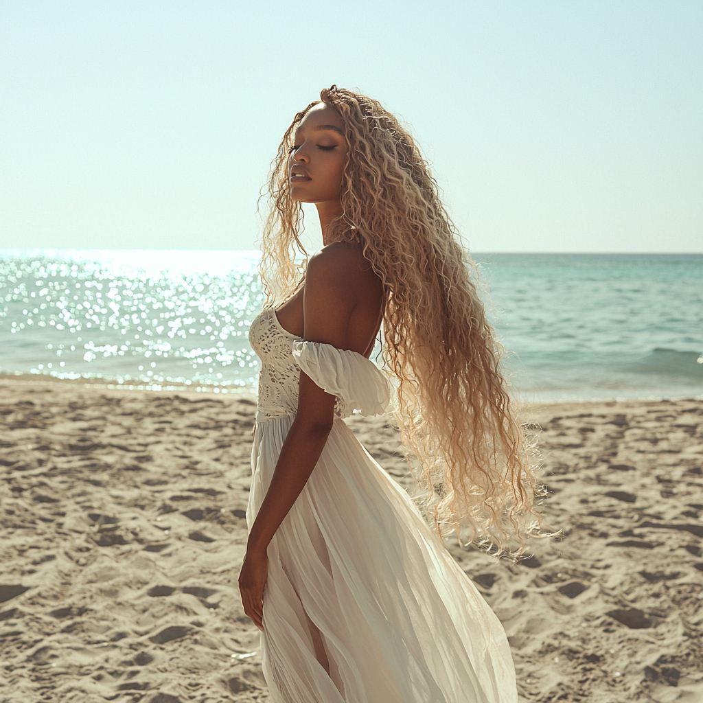 Black woman in white dress on beach