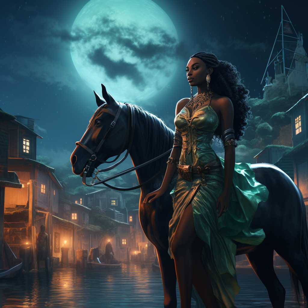 Beautiful black woman centaur in Caribbean city