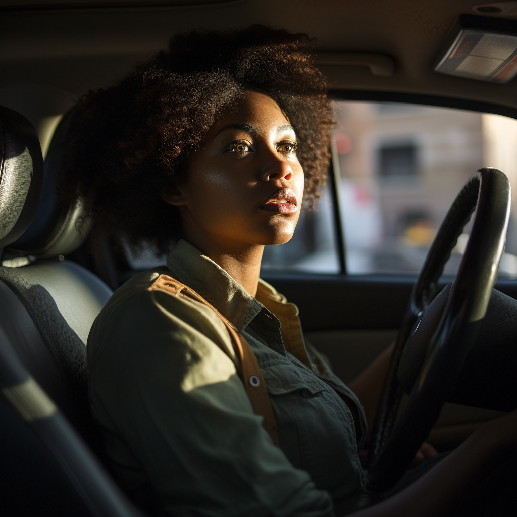 Black woman in car looking downwards