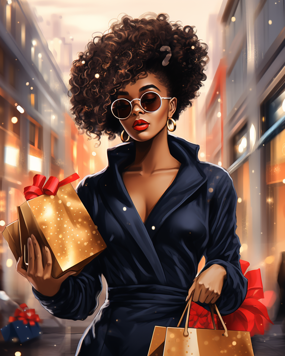 Stylish black woman with shopping bags during Christmas