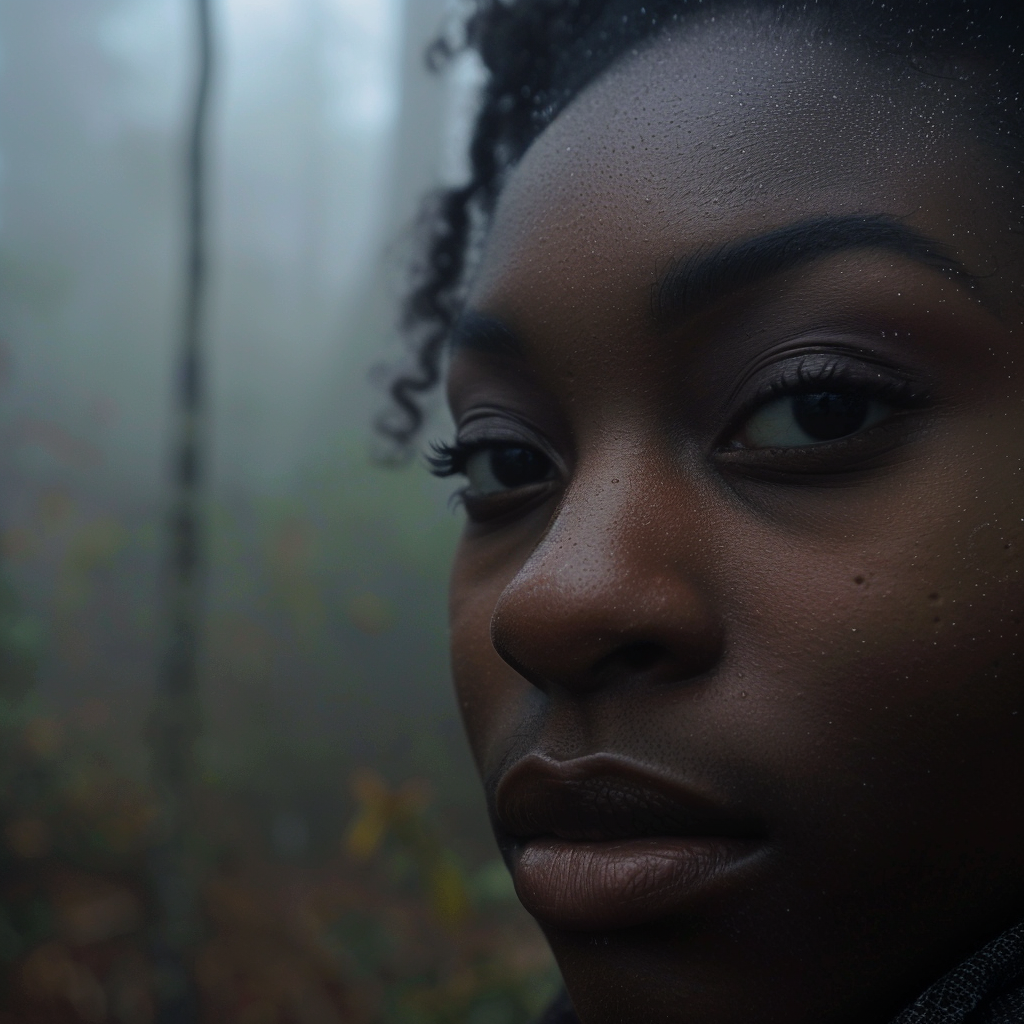 Black woman looking at misty forest