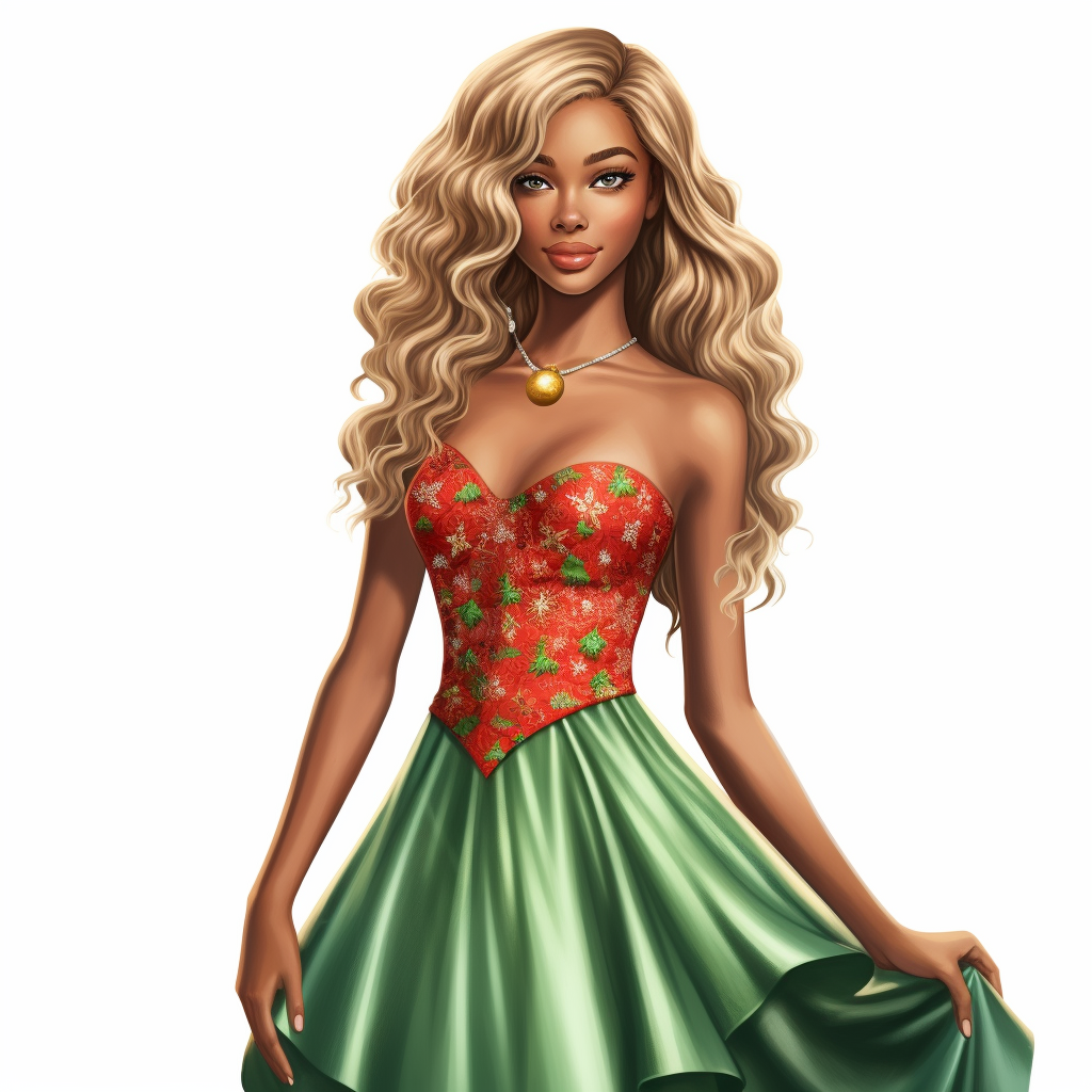 Black woman with honey blonde hair wearing a Christmas dress