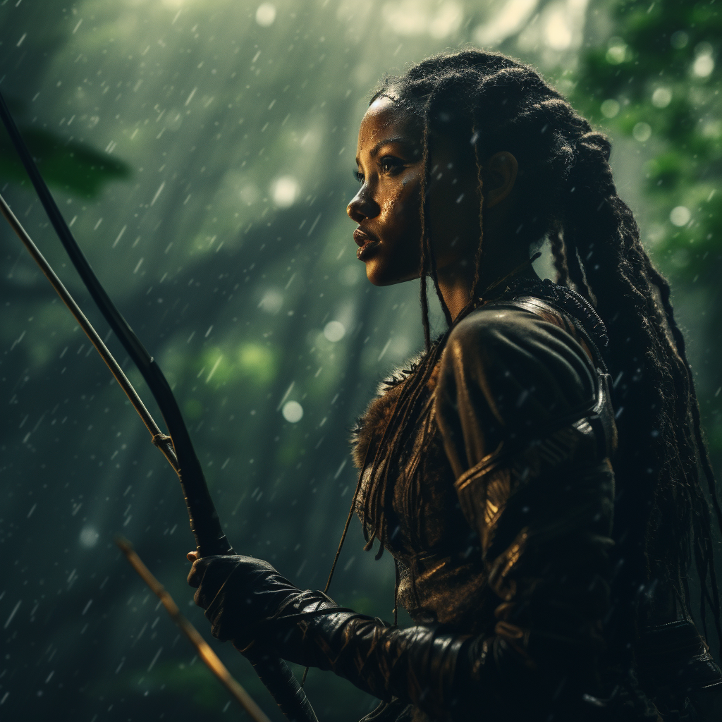 Black woman hunting with bow in rainforest