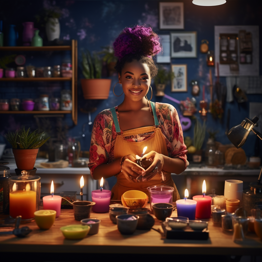 Black woman making candles in vibrant kitchen