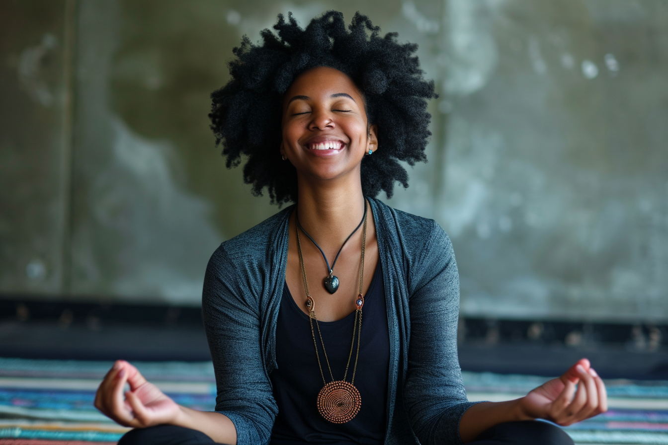 Black woman doing laughter yoga poses