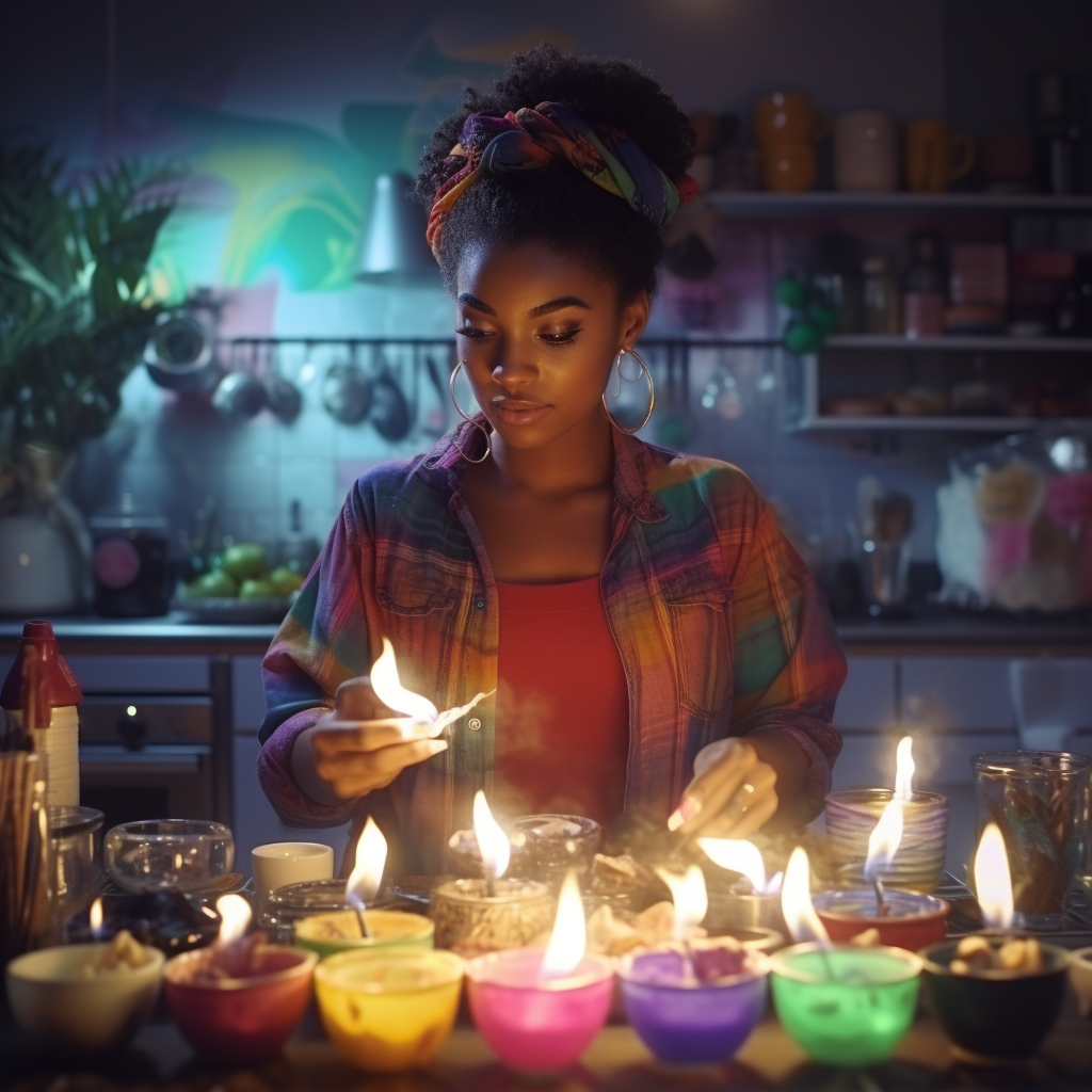 Black woman making candles in a colorful kitchen