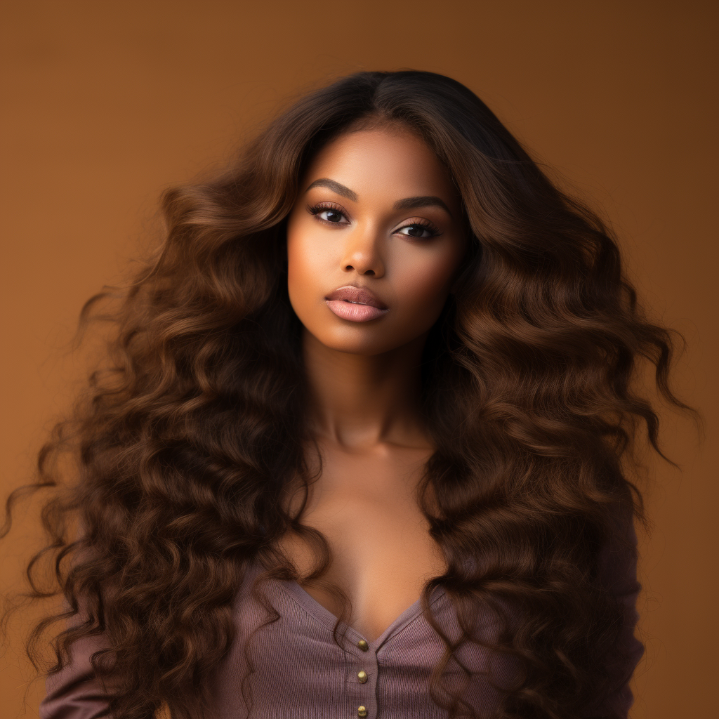 Black woman with long wavy hair extensions modeling