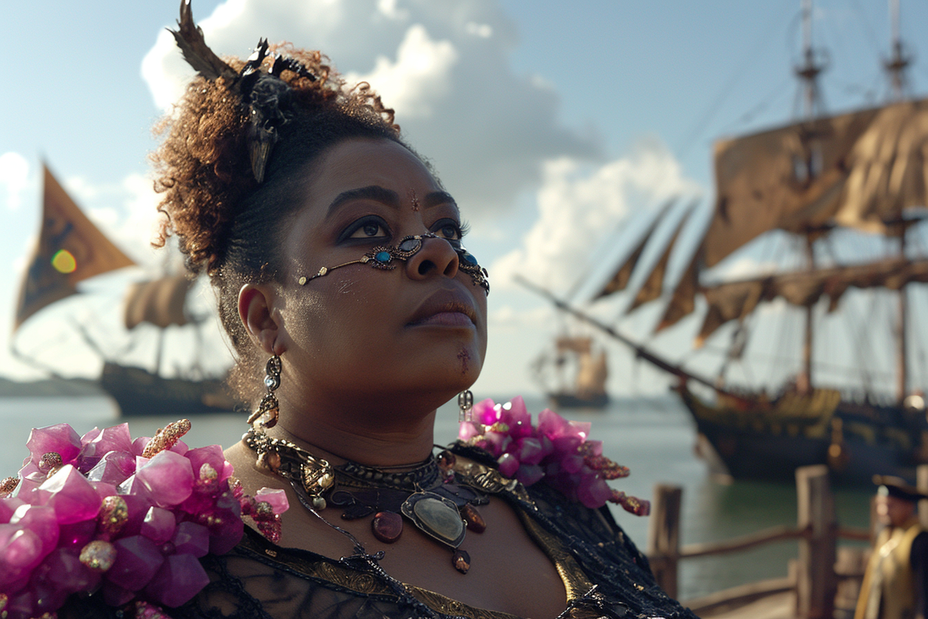 Plus-Size Black Woman on Medieval Pier with Pirate Ships