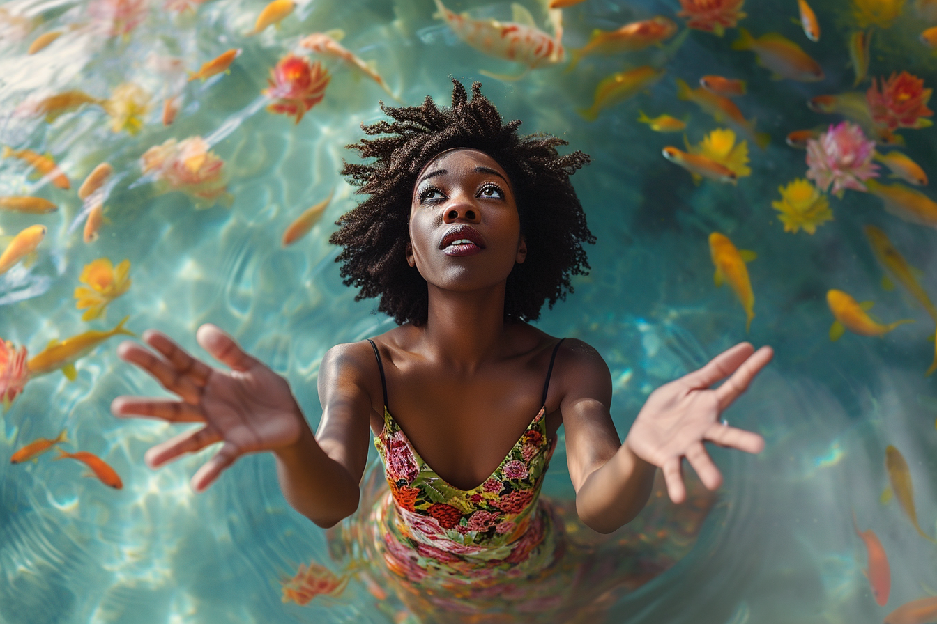 Black woman with open hands in aquarium dress