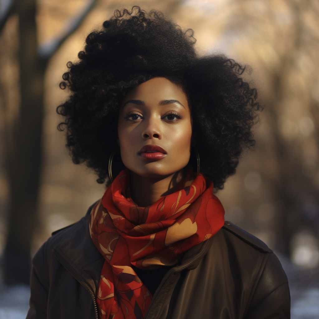 Photorealistic portrayal of a bright black woman enjoying the outdoors