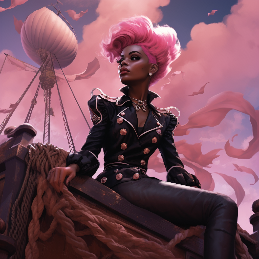 Black woman with pink pixie haircut in pirate suit on pirate ship in the sky