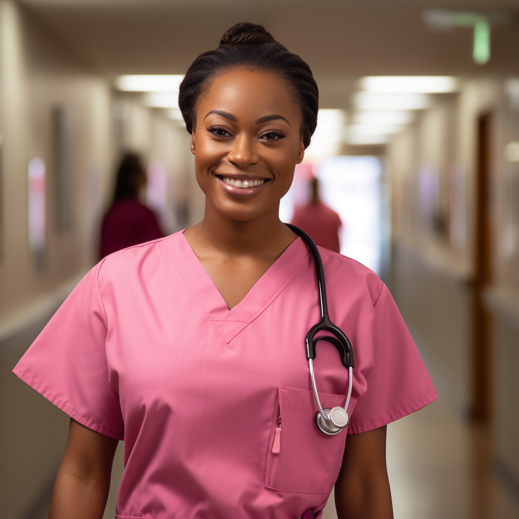 Black woman in pink scrubs smiling