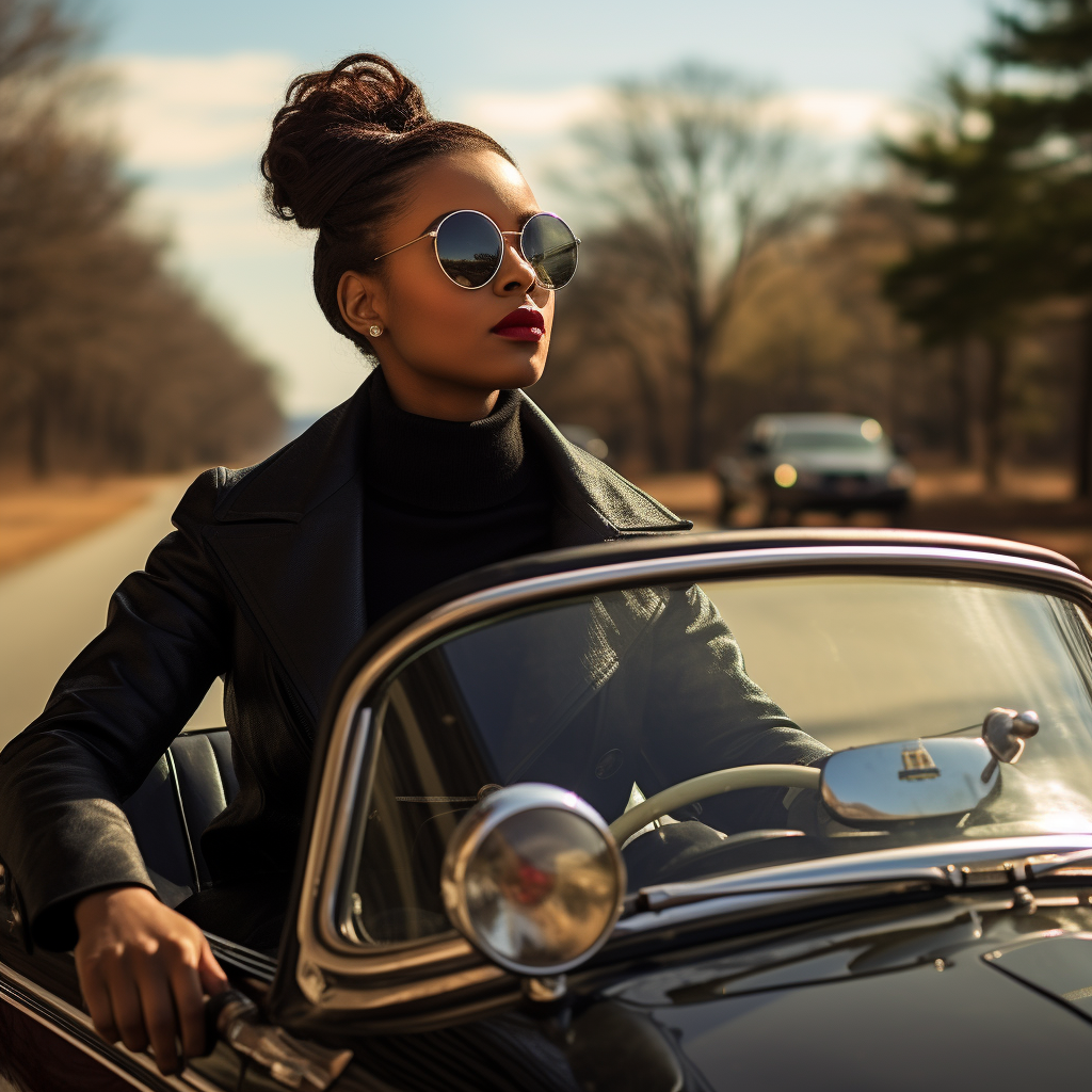 Black woman driving Porsche with scarf and sunglasses