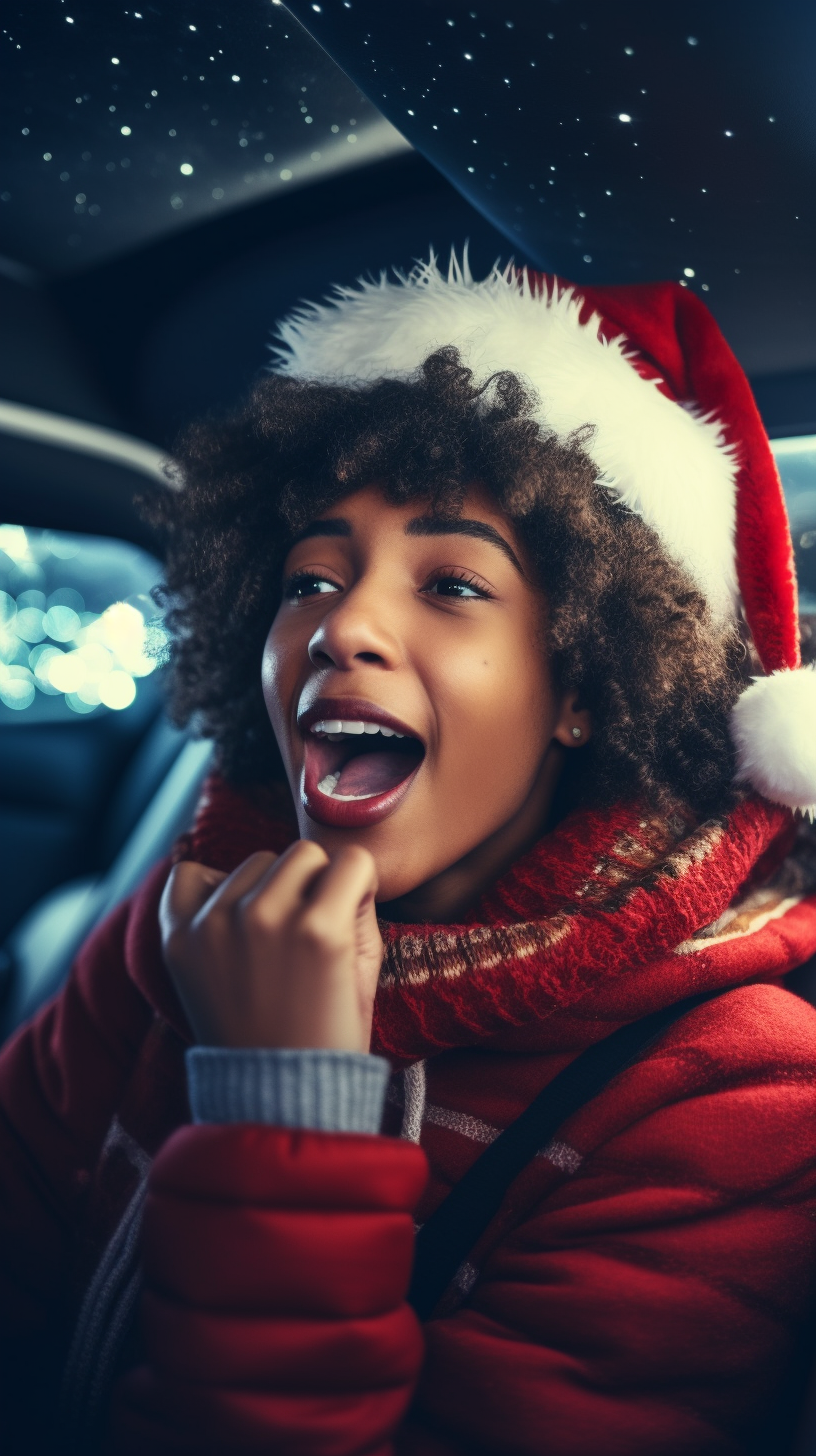 Black woman rapping in car with Santa hat