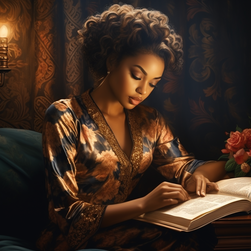 Black woman reading Bible in silk pajamas