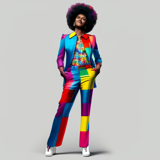 Beautiful black woman in colorful pants suit with short afro