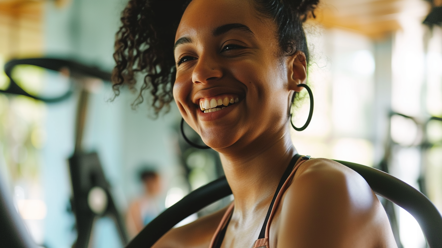 Black woman smiling in spinning class