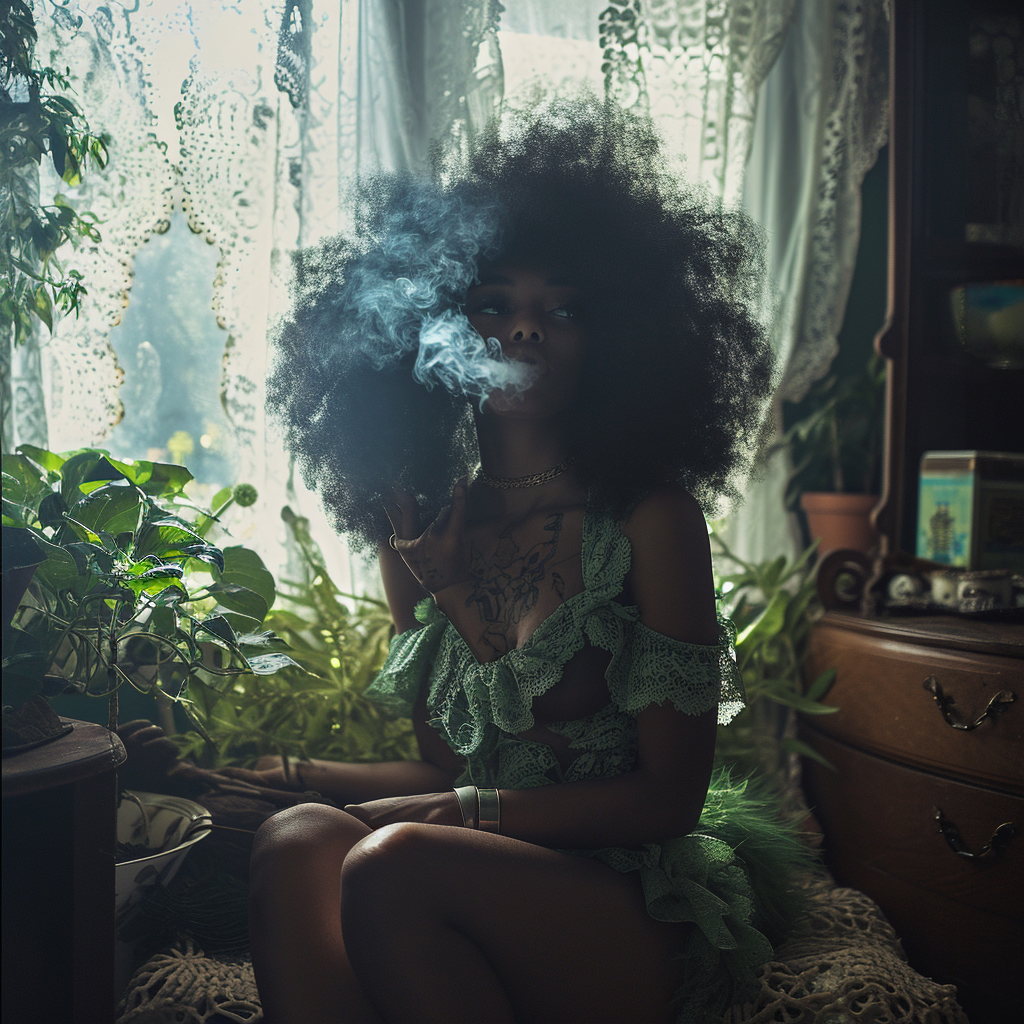 Black woman with afro smoking in bedroom surrounded by plants and lace curtains