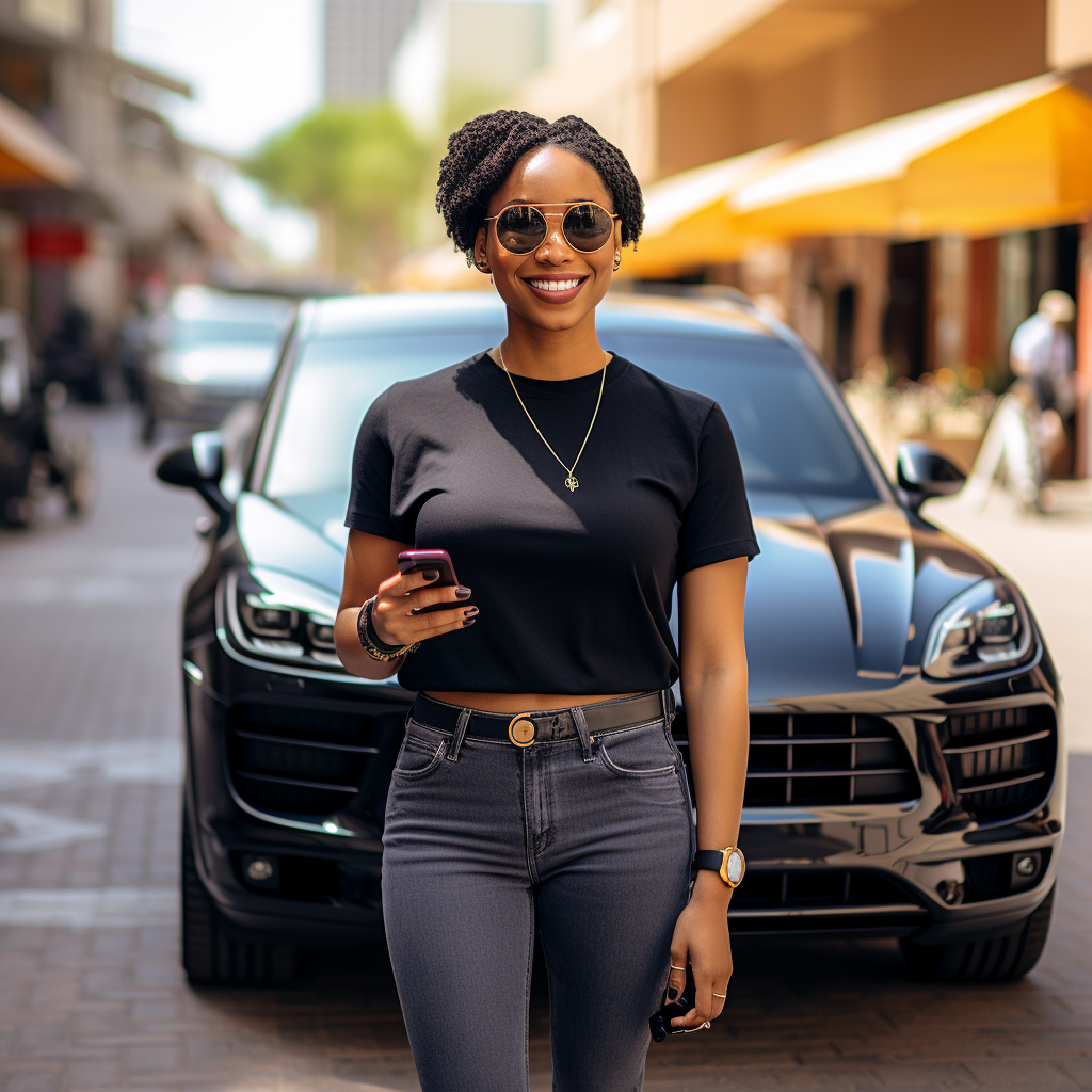 black woman selfie with Porsche Cayenne