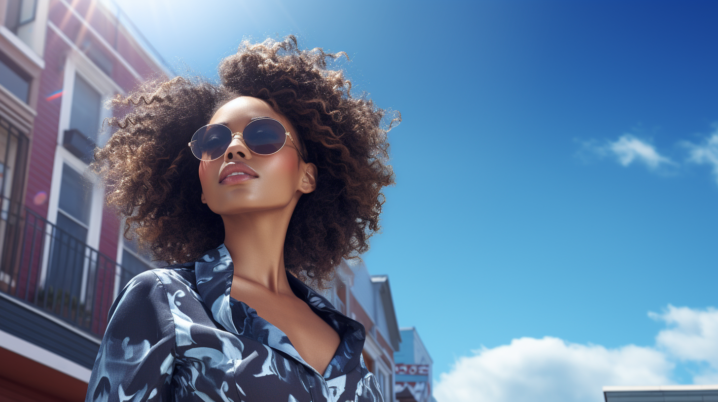 Black woman in sunny blue sky town