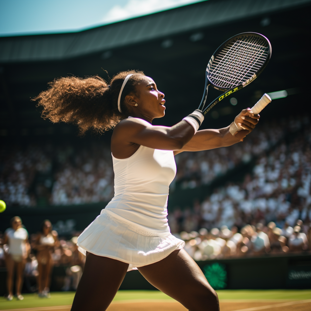 Black woman tennis player smashing ball at Wimbledon