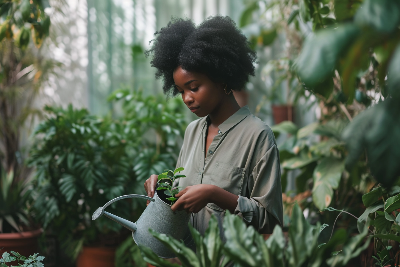 Black woman watering plant garden