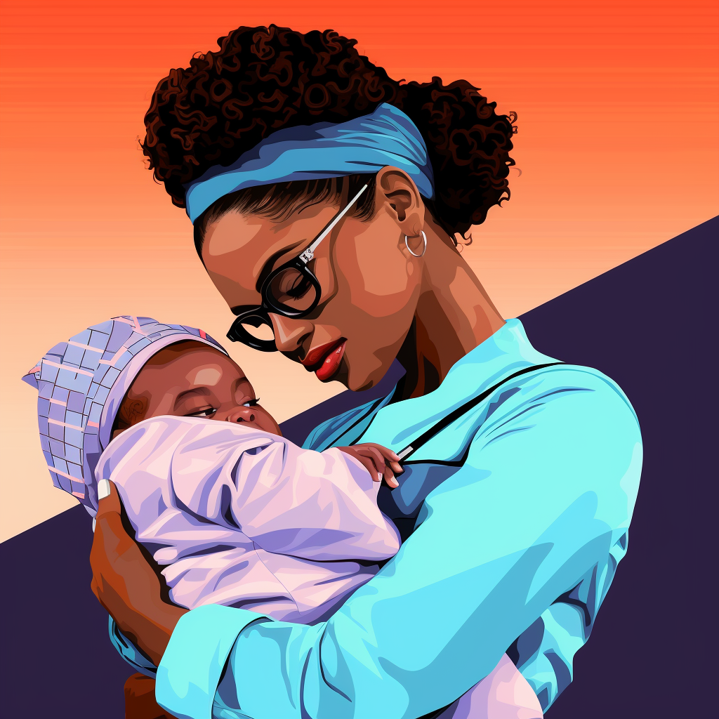 Black woman doctor holding a newborn baby