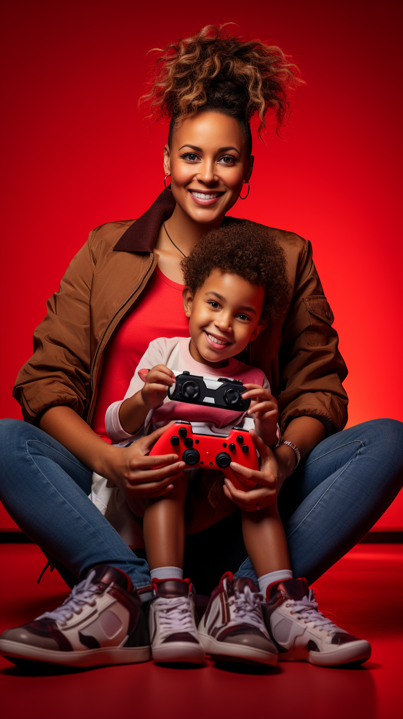 Black woman playing Playstation with son