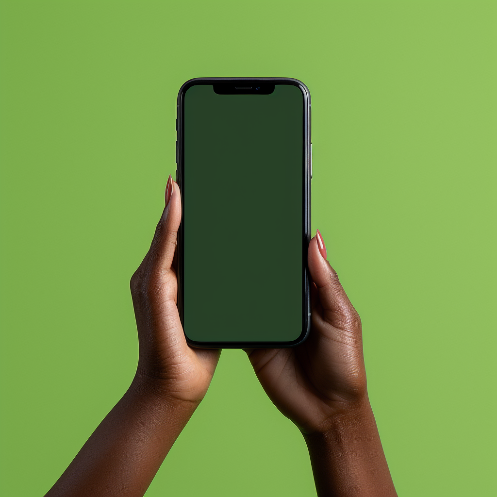 Black woman's hand holding phone with green screen