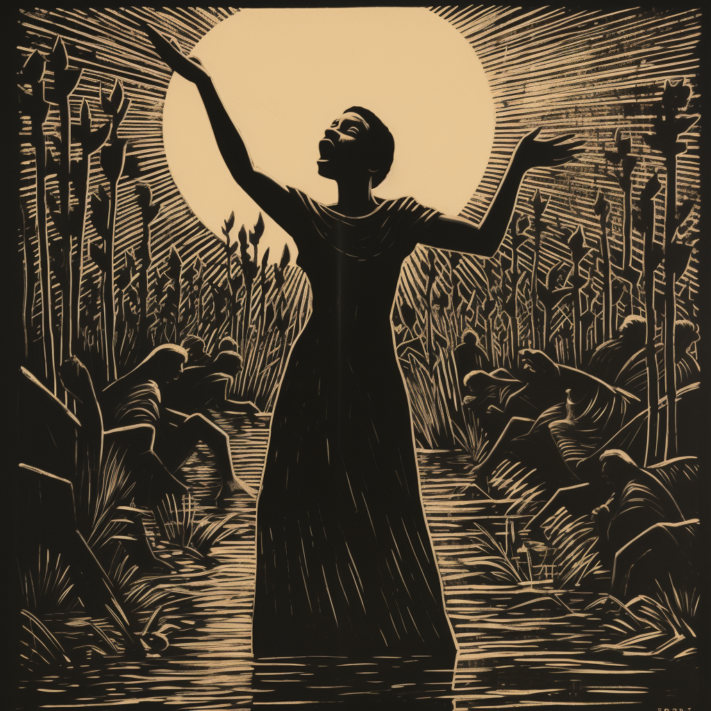 Woodcut print of a black woman singing to a group of people in a marsh at night